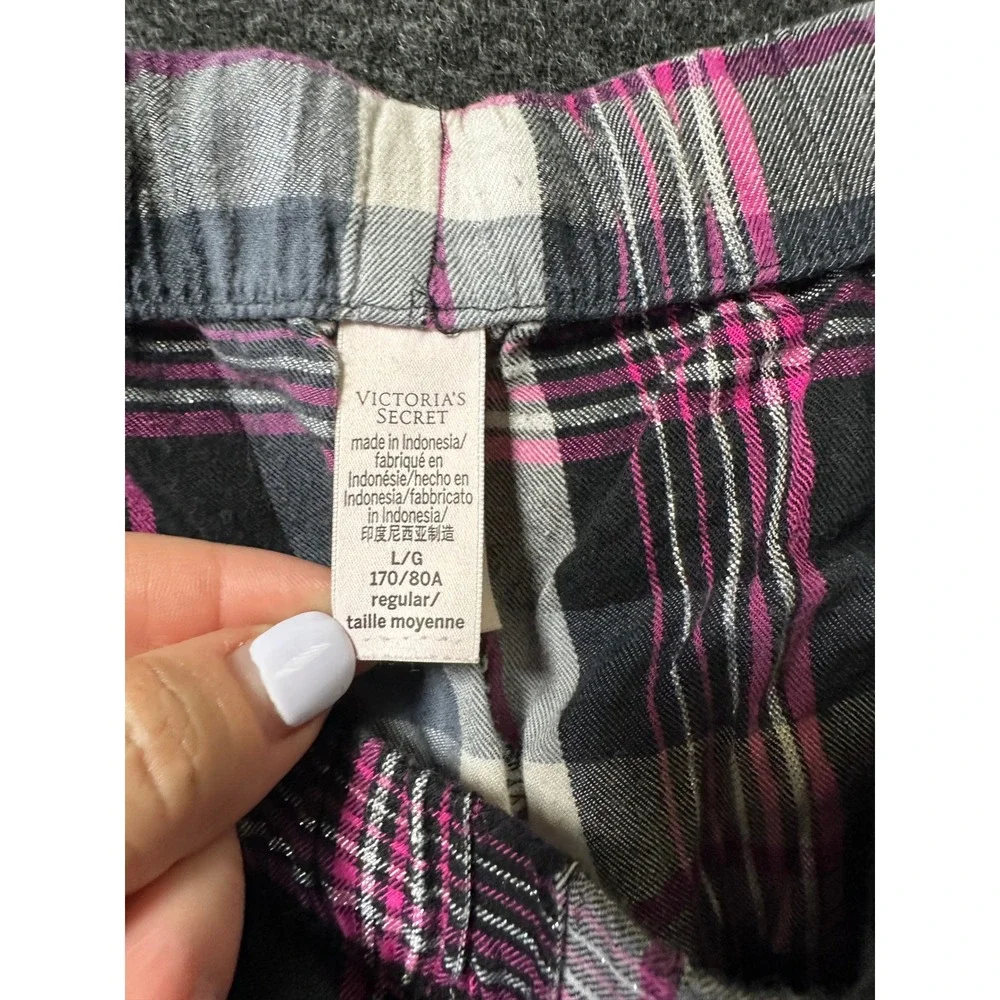 Victorias Secret Plaid Pajama Set Pink Gray White Shimmer Cotton Modal Large